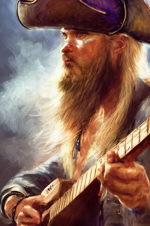 Image similar to blonde wild hair beard man, pirate eye - patch, playing guitare, close - up portrait, powerfull, intricate, elegant, volumetric lighting, scenery, digital painting, highly detailed, artstation, sharp focus, illustration, concept art, ruan jia, steve mccurry