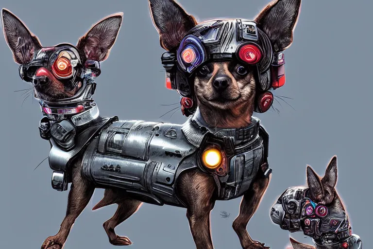 Image similar to a chihuahua with cyberpunk armor, digital art, artstation, highly detailed