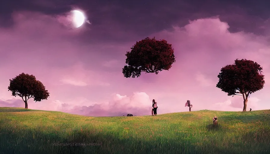 Prompt: people watching solar eclipse, grassy rolling hills, single tree, dramatic pink clouds, blue sky, jessica rossier, art station