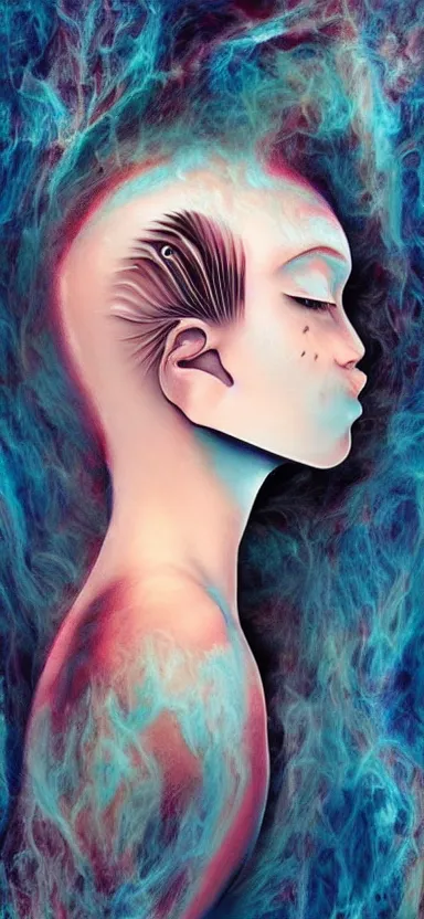 Image similar to perfect female face silhouette, liquid sculpture, astral clockwork, abstract shapes, photorealism, beautiful portrait
