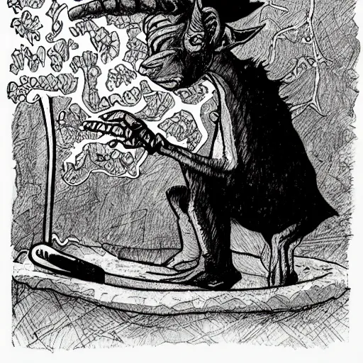 Image similar to detailing trot card style illustration of goblin by by Pamela Colman Smith