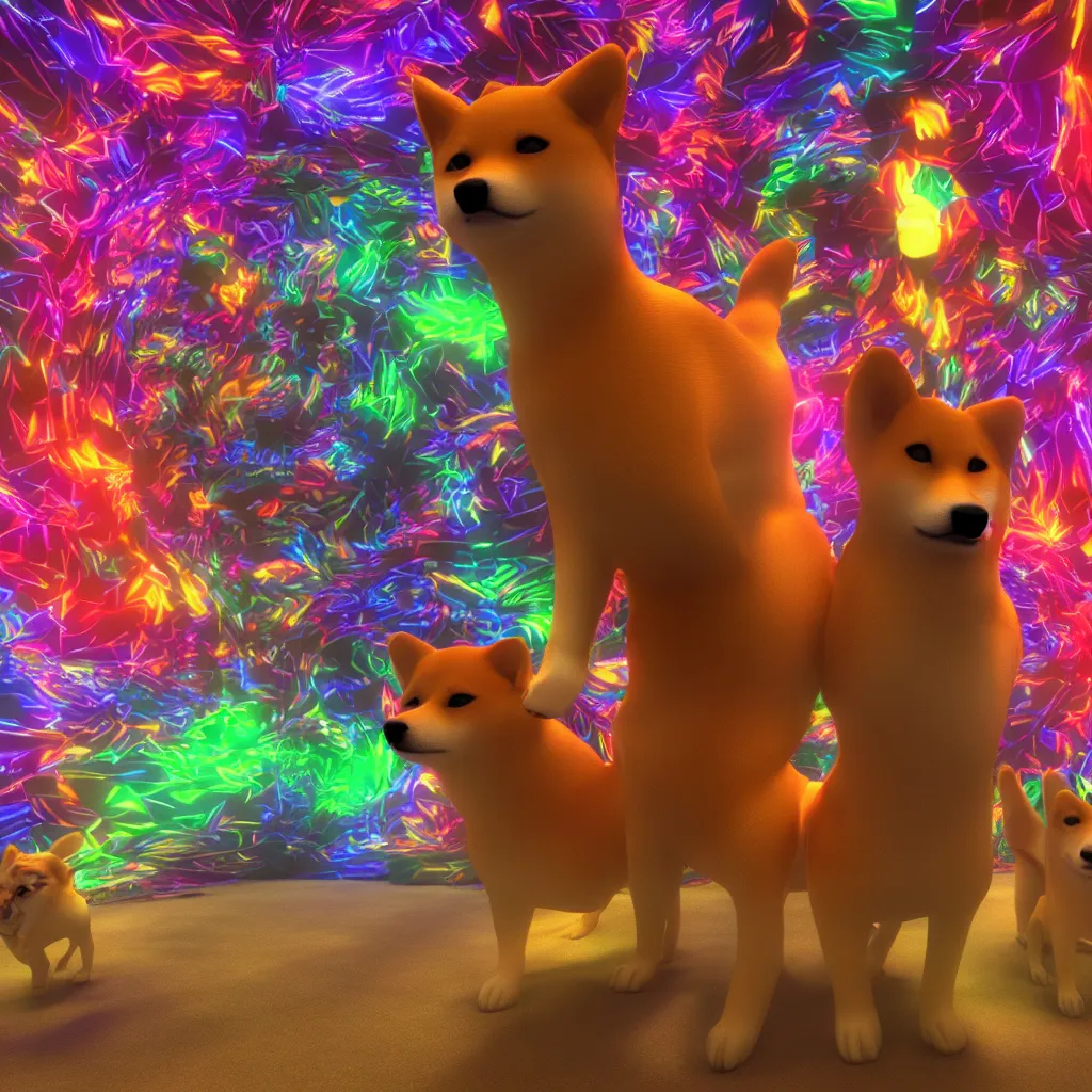 Image similar to two shiba inu in the psychedelic dmt fourth dimensional tunnel, octane 3 d render