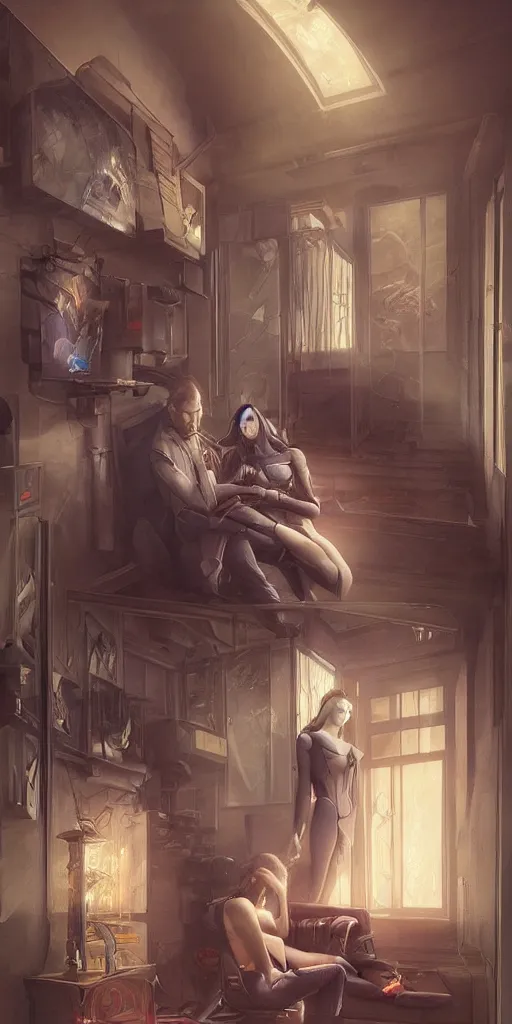 Image similar to sad couple in a futuristic home office, painted by artgerm and tom bagshaw, in the style of magic the gathering, intricate, highly detailed digital art