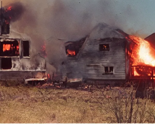 Image similar to a movie still from 'A Goose Set my House on Fire', 40mm tape, technicolour film, goose in foreground!!!!, housefire, letterboxing, widescreen