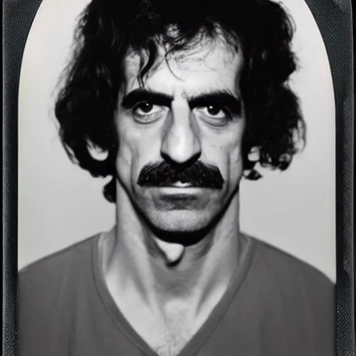 Prompt: Mugshot Portrait of Frank Zappa, taken in the 1970s, photo taken on a 1970s polaroid camera, grainy, real life, hyperrealistic, ultra realistic, realistic, highly detailed, epic, HD quality, 8k resolution, body and headshot, film still, front facing, front view, headshot and bodyshot, detailed face, very detailed face