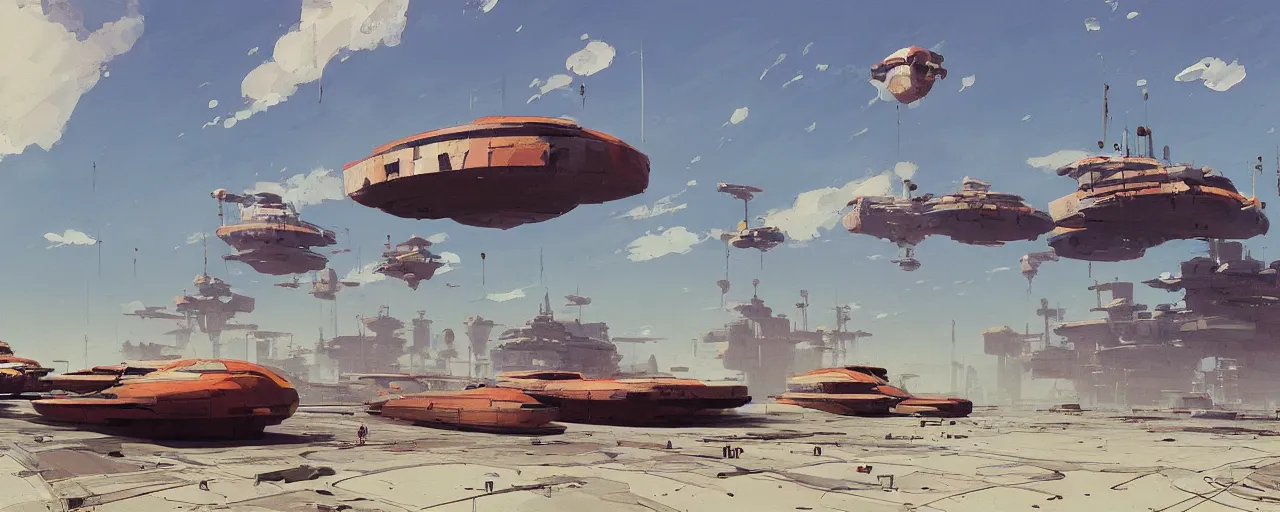 Prompt: floating ships at a sky harbour by Ian McQue and Isaac levitan, sunny day, epic atmosphere, Trending on Artstation, serene, retro futurism, calm