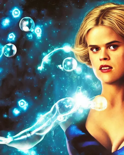 Image similar to drew struzan style movie poster of alice eve dressed as sue storm, the invisible woman from the fantastic four, with her hands held up, she is generating an iridescent bubble of particles around her body in the form of a shimmering bubble force field, soft focus, bokeh, 5 0 mm