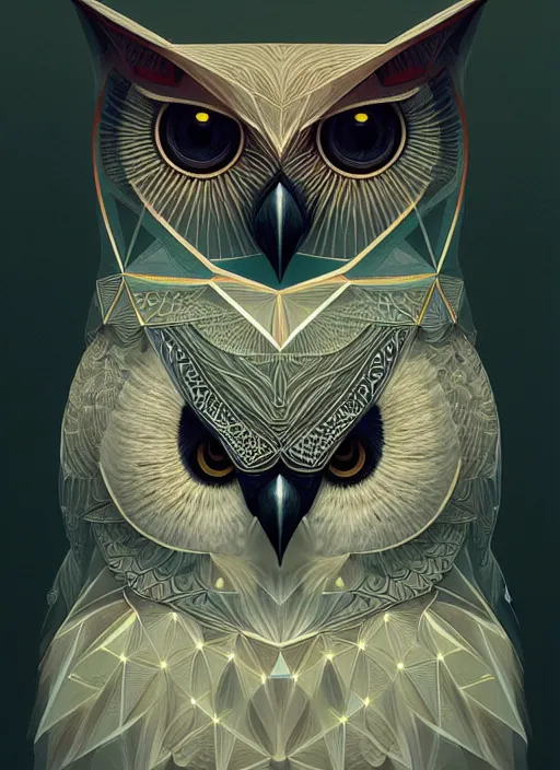 Image similar to portrait of a geometric owl, identical eyes, medium shot, illustration, full body made of white feathers, symmetrical, art stand, super detailed, cinematic lighting, and its detailed and intricate, gorgeous, by peter mohrbacher