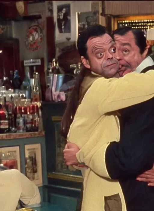 Prompt: film still of Del Boy from Only Fools & Horses hugging kim kardashian at a london bar, 4k