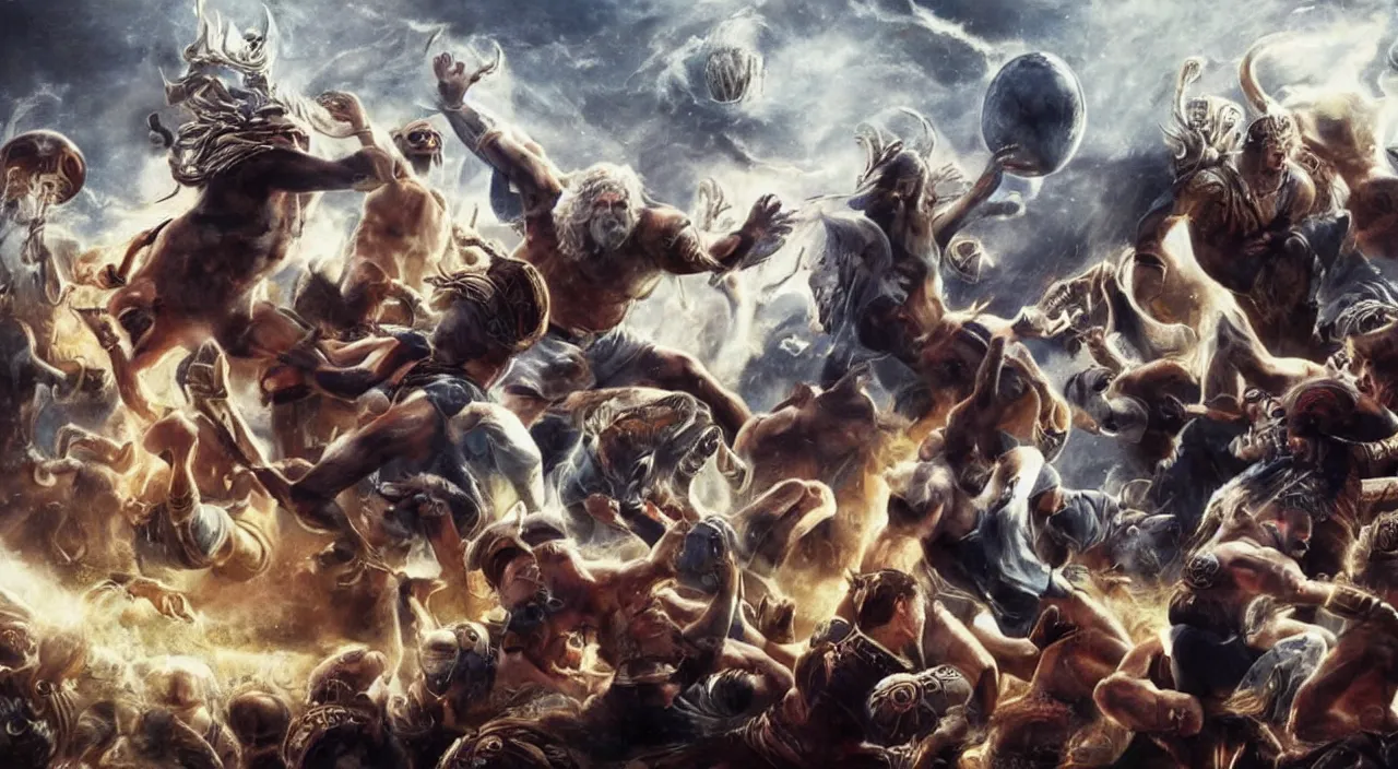 Prompt: odin playing football vs zeus in stadium in valhalla crowded with aliens, cinematic style