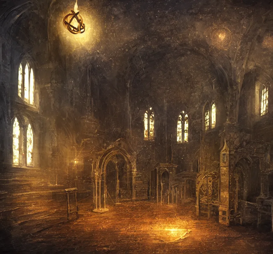 Image similar to inside old church with sage mage casting pentagram spell, dark colors, acrilic paint, brush paint, heavenly atmosphere, paint, ultra detailed, beautiful image, resolution, artstation