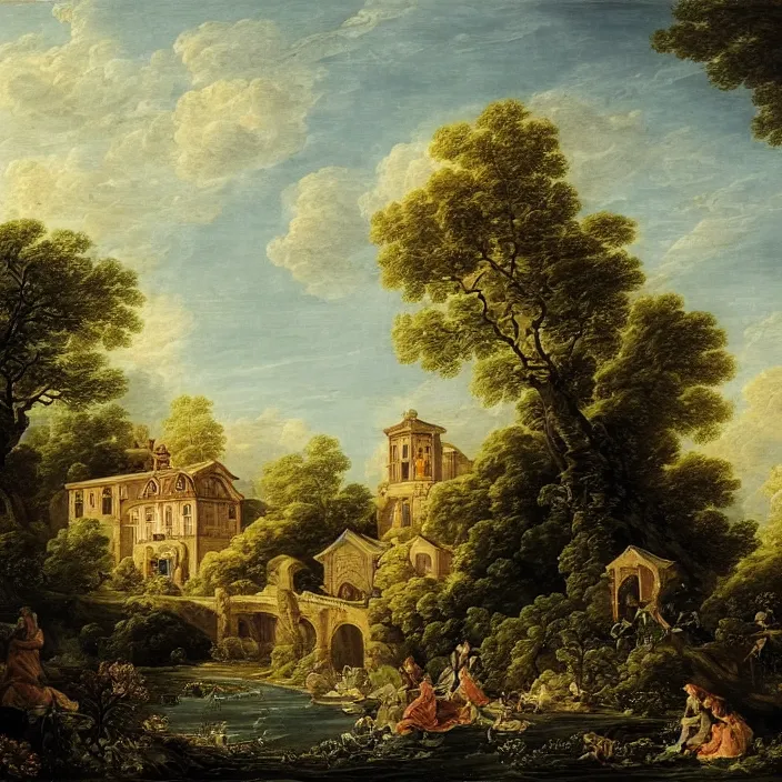 Prompt: a building in a serene landscape, by francois boucher