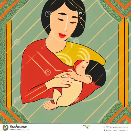 Image similar to midcentury modern illustration of 80 year old sentimental Mediterranean skinned woman in ancient Canaanite clothing holding a newborn baby, crying, awe, love, ancient interior tent background