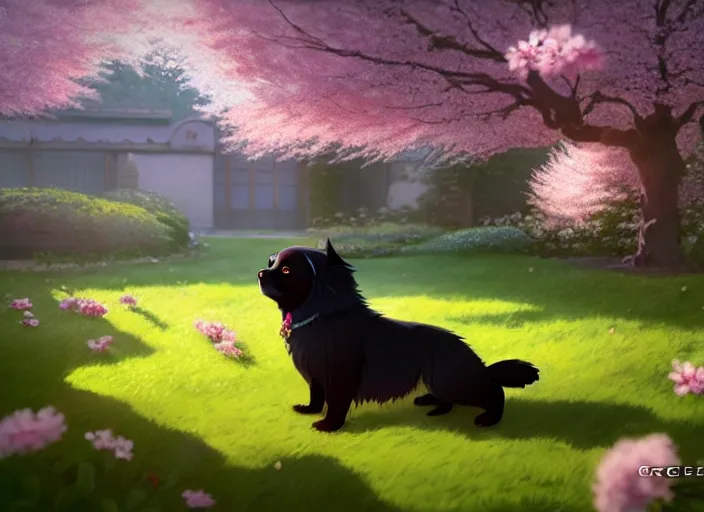 Image similar to a wholesome animation key shot of a black tibetan spaniel, cherry blossoms in the background, studio ghibli, pixar and disney animation, sharp, rendered in unreal engine 5, anime key art by greg rutkowski, bloom, dramatic lighting