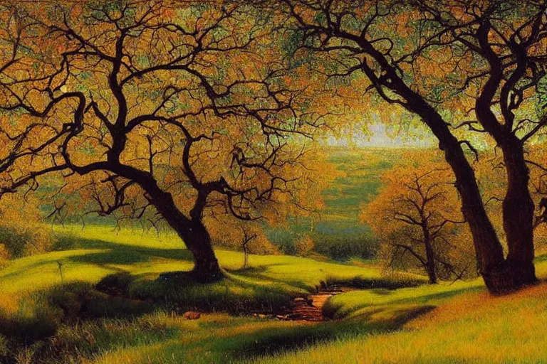 Prompt: masterpiece painting of oak trees on a hillside overlooking a creek, dramatic lighting, by victor nizovtsev