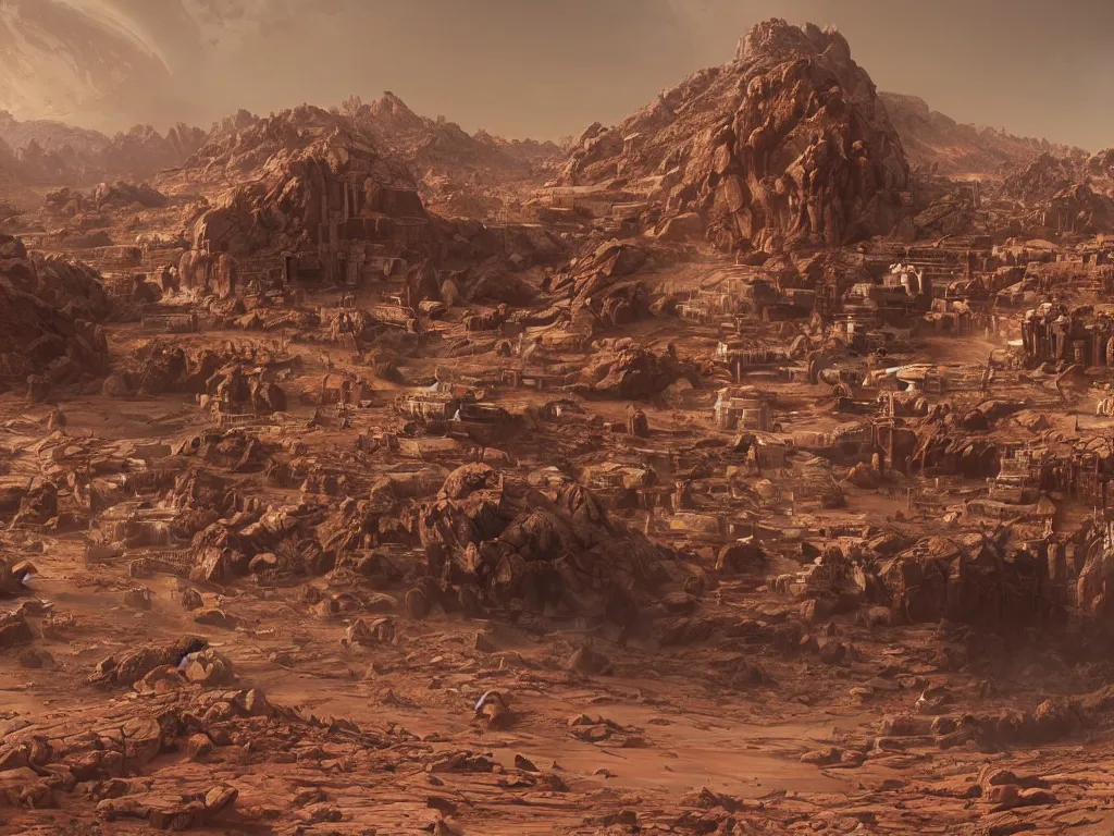 Image similar to Dharamshala!!!!! on Mars!, exterior wide shot, volumetric, epic, cinematic, highly detailed, intricate, by Raphael Lacoste, Eddie Mendoza, Alex Ross, Pilar Gogar, matte painting, 8K HDR