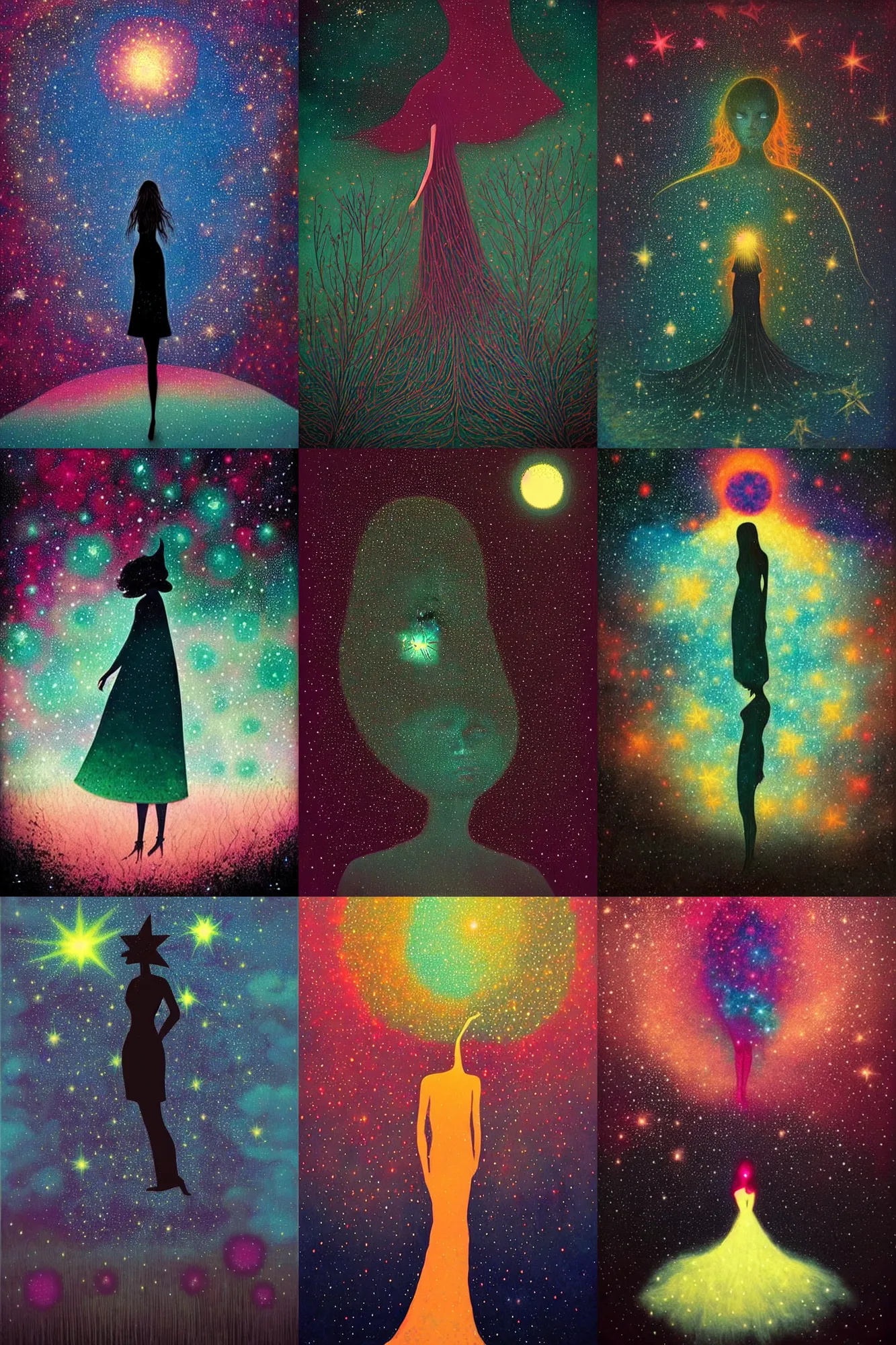 Prompt: The silhouette of a woman fades into starry space. magic realism, flowerpunk, mysterious, vivid colors, by andy kehoe, amanda clarke