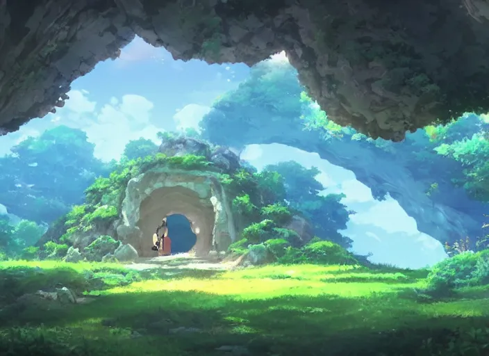 Image similar to A entrance into a magical cavern, wide shot, peaceful and serene, incredible perspective, soft warm lighting, anime scenery by Makoto Shinkai and studio ghibli, very detailed