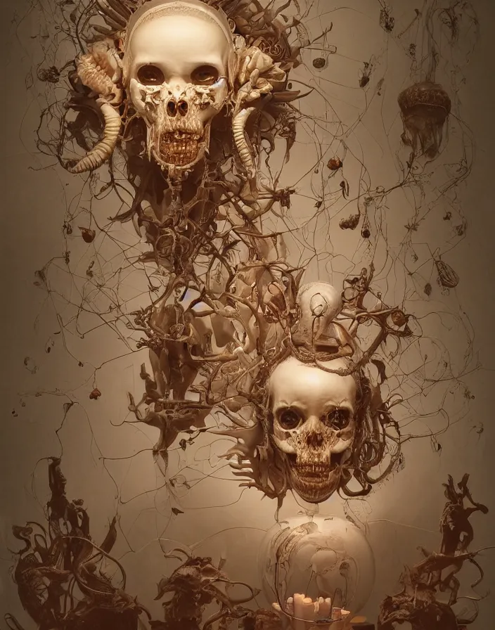 Prompt: horizontally symmetrical. coherent. symmetry. absolutely centered. centered composition. symmetrical biomechanical mask of a demon by Roberto Ferri. beautiful princess face. vintage bulb. white plastic. baroque elements, human skull, jellyfish, butterfly, phoenix head. burning water. intricate artwork by Tooth Wu and wlop and beeple and dan mumford and greg rutkowski. halo. octane render, cinematic, hyper realism, octane render, 8k, depth of field, bokeh. iridescent accents. vibrant. teal and gold and white colour scheme