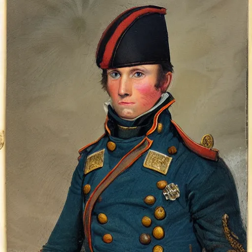 Image similar to a napoleonic infantryman taking a selfie, in the style of a school book photo.