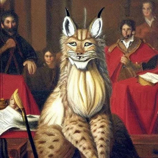 Prompt: an oil painting!!!!!!!!!!! of a king lynx in court circa 1800,