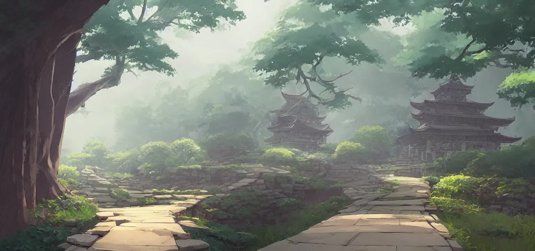 Prompt: concept art by sylvain sarrailh of an stone path leading to an abandonned asian temple, asiatic forest, studio ghibli