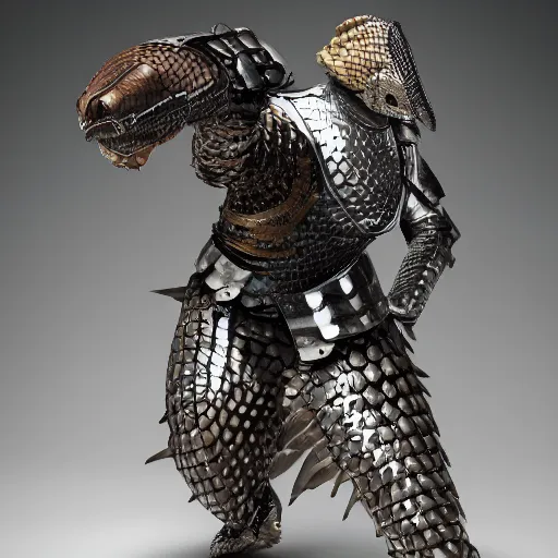 Image similar to a humanoid Pangolin armored knight with metallic armor that looks similar to a pangolin and biotechnology mesh