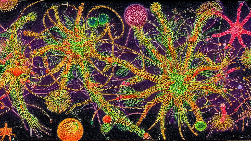 Image similar to quantum connections represented as symbiotic organisms like cells playing around with colorful lights by ernst haeckel, liquid