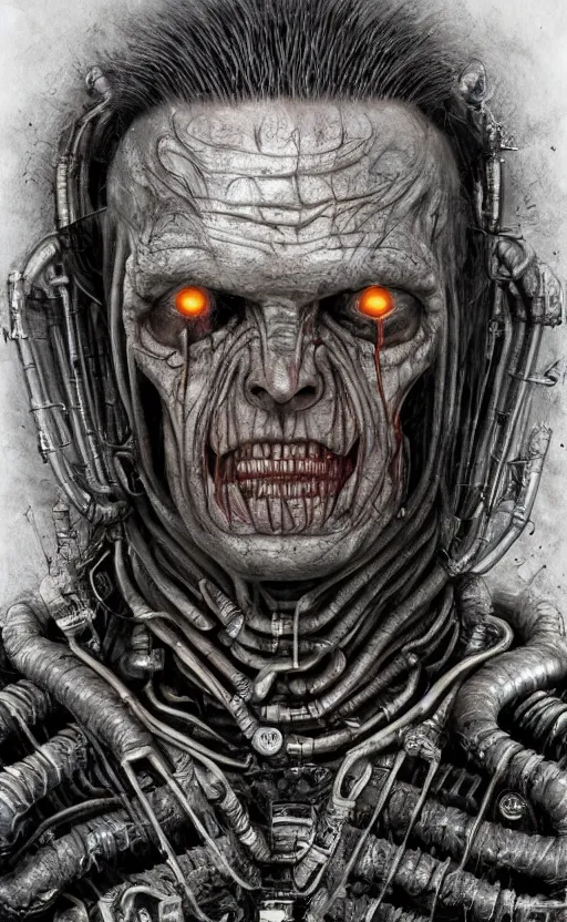 Image similar to full body portrait of t - 8 0 0 by wayne barlow, stanley donwood, anton semenov, zdzislaw bekinski, hr giger, 8 k, fantasy, dark, highly detailed