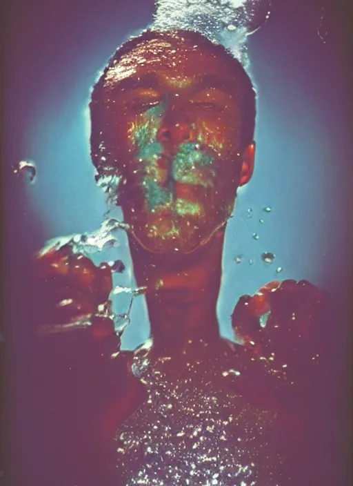 Prompt: detailed color analog medium format photo made by harmony korine, polaroid closeup photo of weird person splashing water over head in space, rim light, shot with a camera flash, high production value, intricate details, hyperrealistic, photorealistic, high definition, award - winning photography, masterpiece