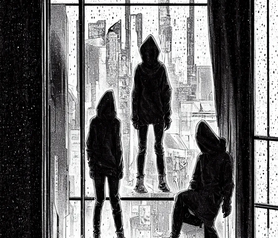 Image similar to sadie sink in hoodie sits, knees tucked in, on windowsill | rain falls at night : b & w storyboard drawing, scifi cyberpunk. by gabriel hardman, joe alves, chris bonura. cinematic atmosphere, detailed and intricate, perfect anatomy