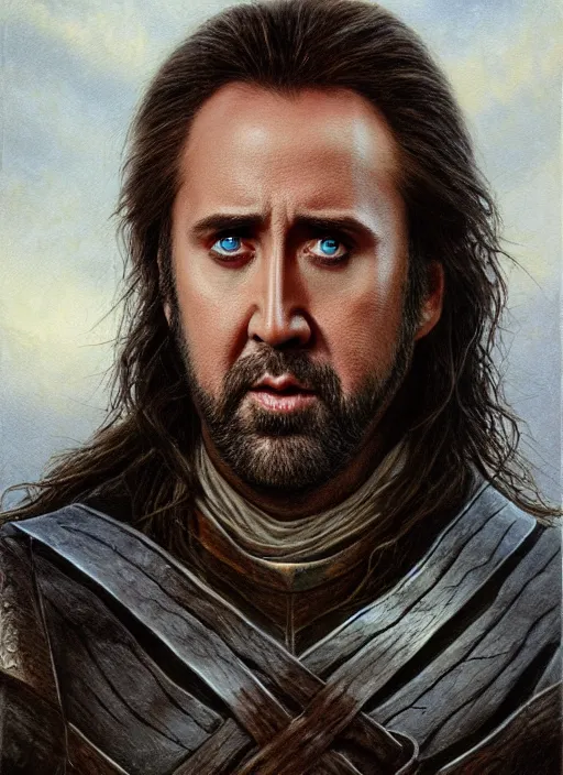 Image similar to portrait of nicolas cage as aragorn, by alan lee, lord of the rings, smooth, detailed terrain, oil painting, matte painting, concept art, trending on artstation, promotional artwork, film still, elegant, photorealistic facial features, intricate, detailed face, cinematic lighting