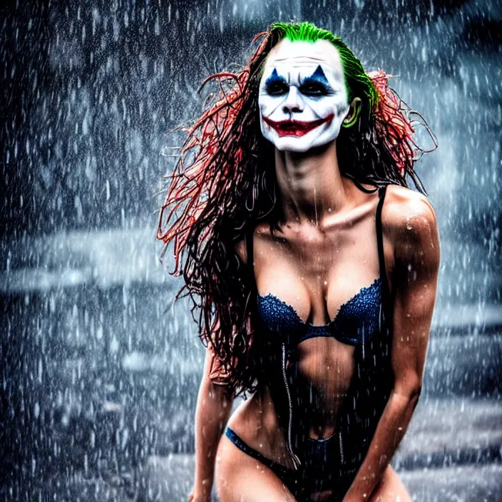 Image similar to fully body pose, photo of a very beautiful!! victoria secret model, the joker, wet hair, raining, 8 k, hdr, smooth, sharp focus, high resolution, award - winning photo, trending on artstation, dslr, 5 0 mm