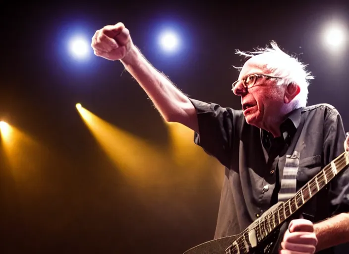 Image similar to publicity photo still of bernie sanders in a death metal band playing live on stage, 8 k, live concert lighting, mid shot