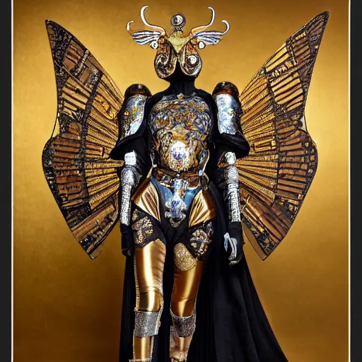 Image similar to wh 4 0 k haute couture scale armour paladin editorial by klimt, biomechanical hornet with metal couture wings by malczewski, ornate wh 4 0 k chaos lord in gold, bismuth and obsidian by giger, on cosmic background by alphonse mucha