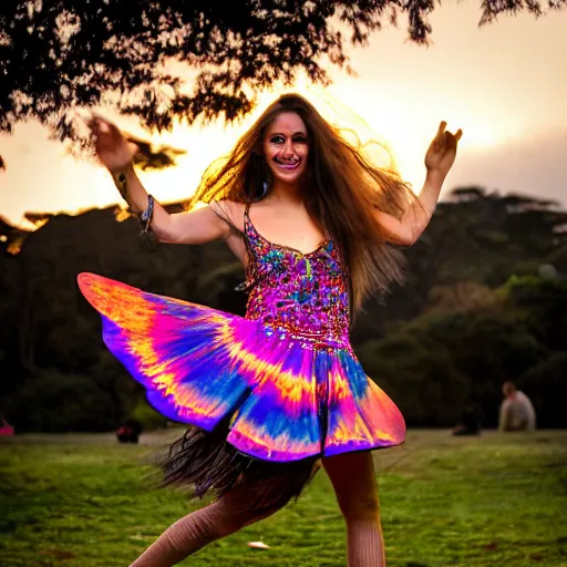 Image similar to a full body portrait of a beautiful hippie girl dancing in golden gate park at sunset, giant psychedelic mushrooms in the background,