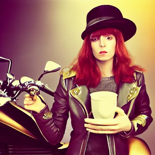 Image similar to a photo by arbus of a slender beautiful woman with straight ginger hair and bangs, wearing purple leathers and gold helmet, posing with large ginger tabby and raccoon on a motorcycle in her front yard, holding coffee mug and toasted brioche bun, fashion photography, dramatic lighting, 8 5 mm lens