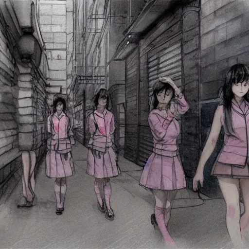 Image similar to a perfect, realistic professional digital sketch of close-up Japanese schoolgirls posing in a sci-fi alleyway, style of Marvel, full length, by pen and watercolor, by a professional American senior artist on ArtStation, a high-quality hollywood-style sketch, on high-quality paper