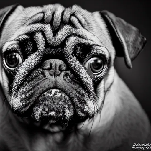 Image similar to portrait of a depressed pug dog with an emo haircut, intricate detail, high contrast, studio photo, well lit,