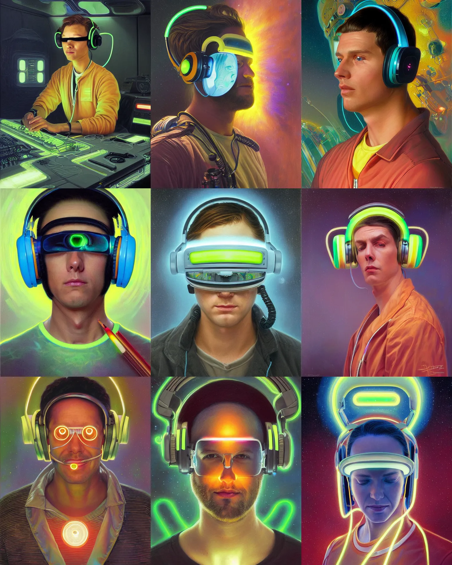 Prompt: future coder, glowing pencil thin visor over eyes and sleek neon headphones desaturated headshot portrait painting by donato giancola, dean cornwall, rhads, tom whalen, alex grey, alphonse mucha, astronaut cyberpunk electric fashion photography