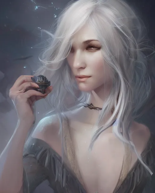 Prompt: portrait of a beautiful sorceress flowy grey hair, grey eyes, cinematic lighting, highly detailed, digital painting, trending on artstation, pixiv, concept art, sharp focus, illustration, art by ross tran and wlop