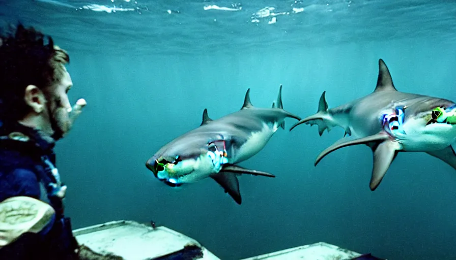 Image similar to Big budget horror movie, the setting is an underwater laboratory, and sharks are trying to smash the windows.