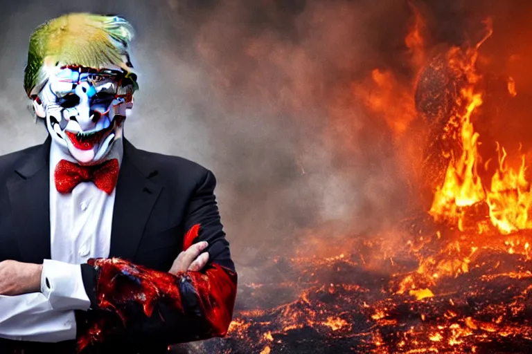 Image similar to donald trump wearing makeup like The Joker, standing in hell surrounded by fire and flames and bones and brimstone, portrait photography, depth of field, bokeh