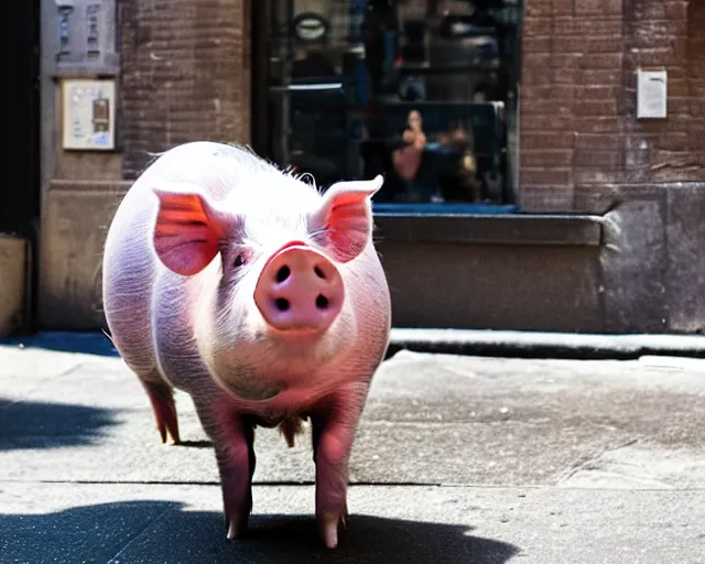 Image similar to pig with a very fat belly in new york city