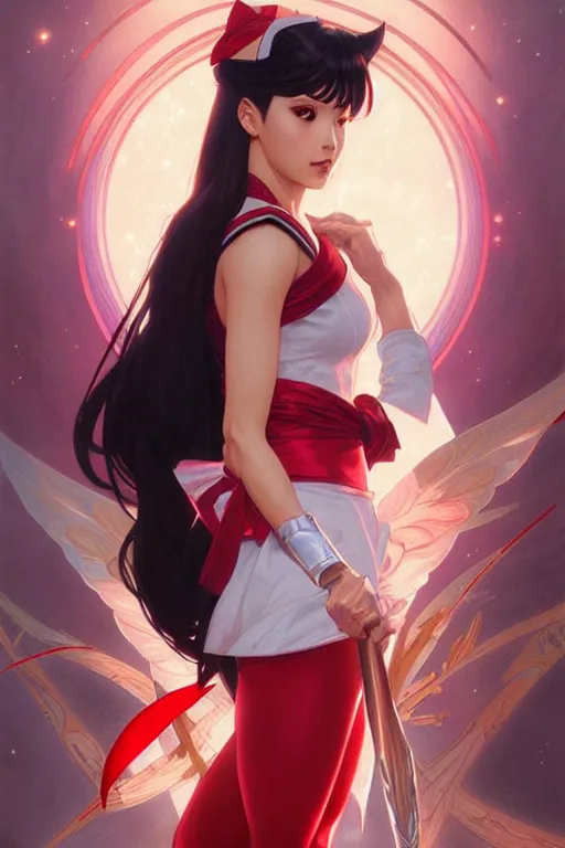 Image similar to sailor mars, fantasy, intricate, elegant, highly detailed, digital painting, artstation, concept art, matte, sharp focus, illustration, art by Artgerm and Greg Rutkowski and Alphonse Mucha