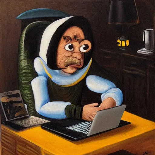 Prompt: tired man in a bumblebee costume drinks coffee in front of a laptop, highly detailed, masterpiece, cartoon, oil on canvas