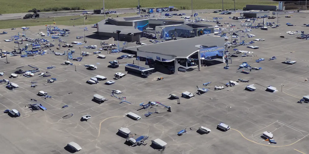 Image similar to a highly detailed photo of robot aliens landing in Walmart parking lot, featured on Artstation