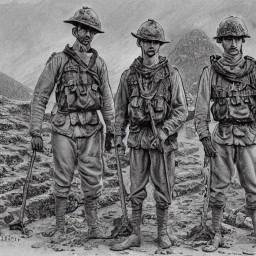 Image similar to ultra detailed photorealistic sepia - toned line drawing from 1 9 1 7, three british soldiers standing at an archaeological dig site in wadi rum, ultra realistic, painted, intricate details, lovecraft, atmospheric, dark, horror, brooding, highly detailed, by clyde caldwell