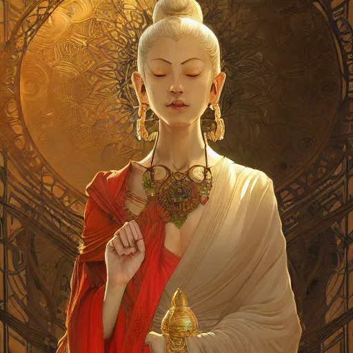 Image similar to Buddah, D&D, intricate, elegant, highly detailed, digital painting, artstation, concept art, matte, sharp focus, illustration, art by Artgerm and Greg Rutkowski and Alphonse Mucha]