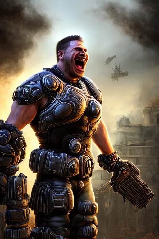 Prompt: Jordan B. Petterson as a muscular Gears of War character laughing, photorealism, half body, HDR ambient background, unreal engine 5, hyperrealistic, highly detailed, XF IQ4, 150MP, 50mm, F1.4, ISO 200, 1/160s, cinematic lights, Adobe Lightroom, photolab, Affinity Photo, PhotoDirector 365, realistic